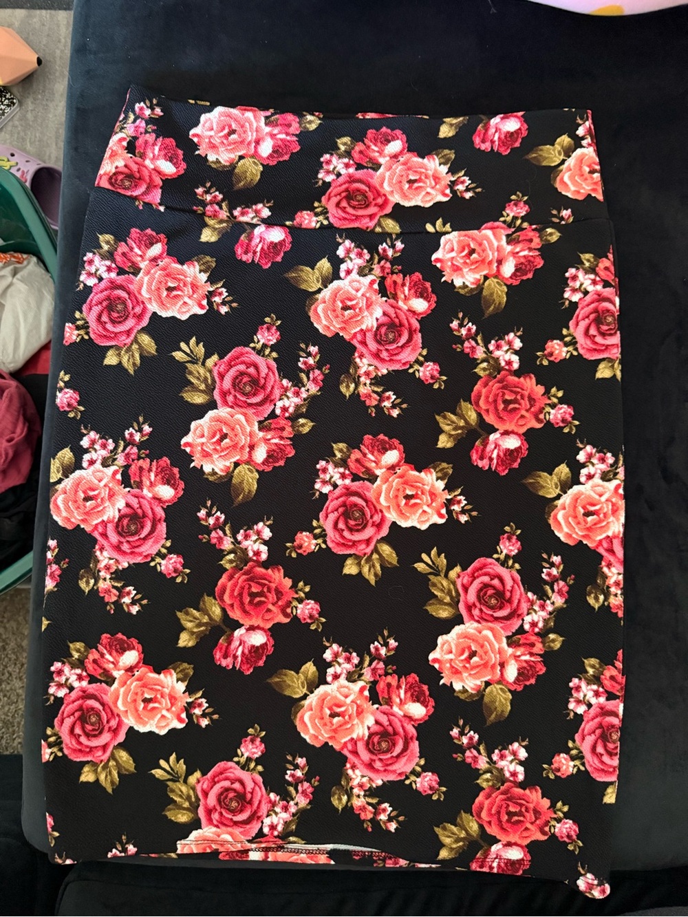 Lularoe Floral Pencil Skirt in Black with Pink Rose Print